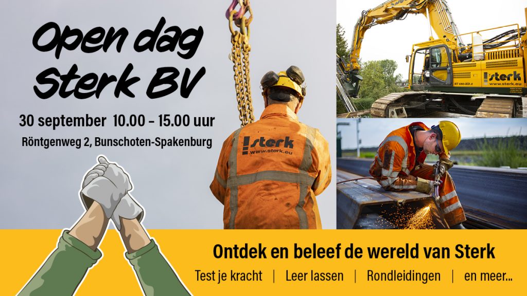 30 september van 10.00 tot 15.00 opent Sterk BV - vestiging Bunschoten-Spakenburg haar deuren voor het publiek. Kom en neem een uniek kijkje in de wereld van deze funderingsspecialist!
